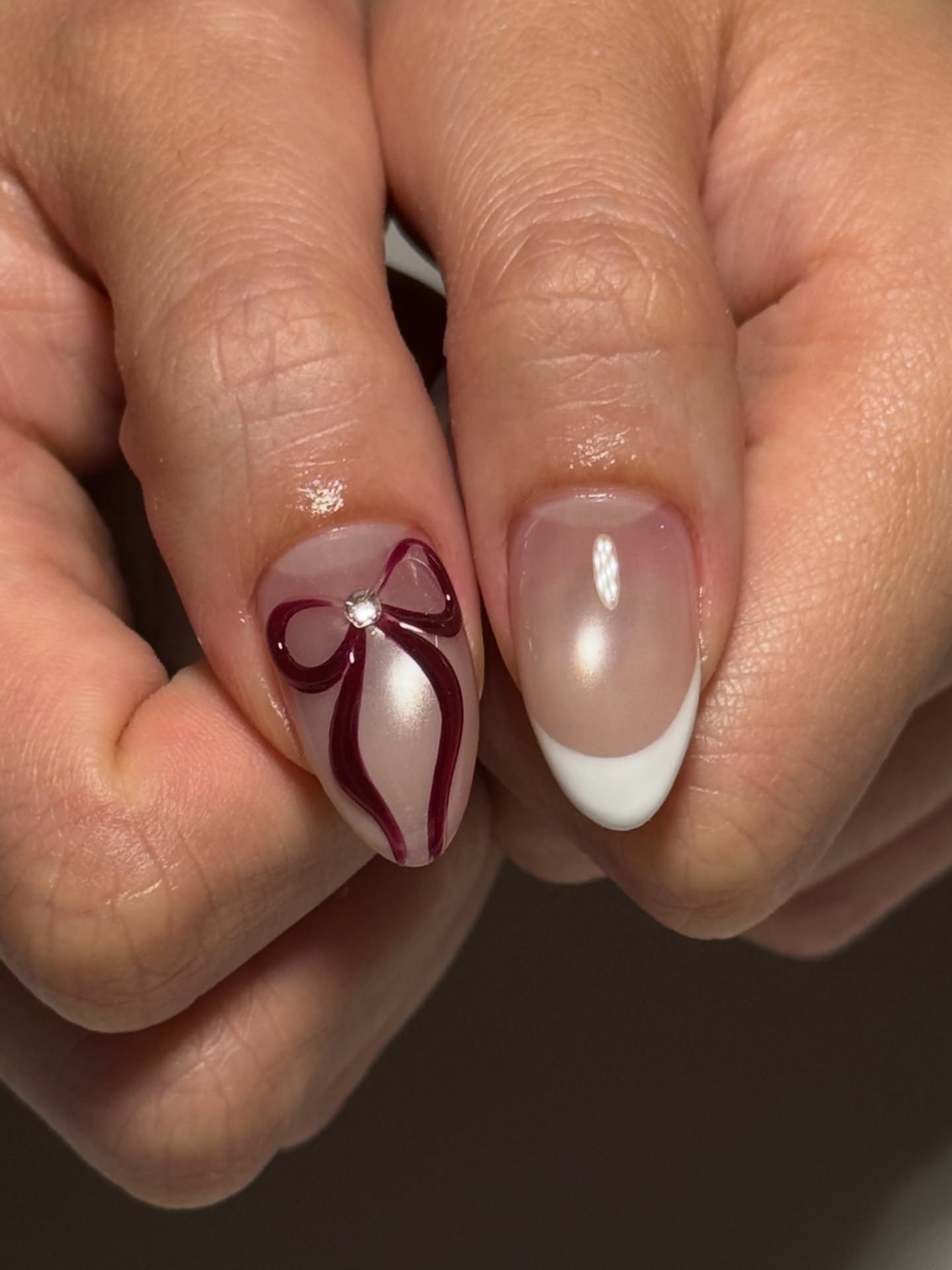 Burgundy Bow Glazed French Tip Press On Nails - Medium Almond