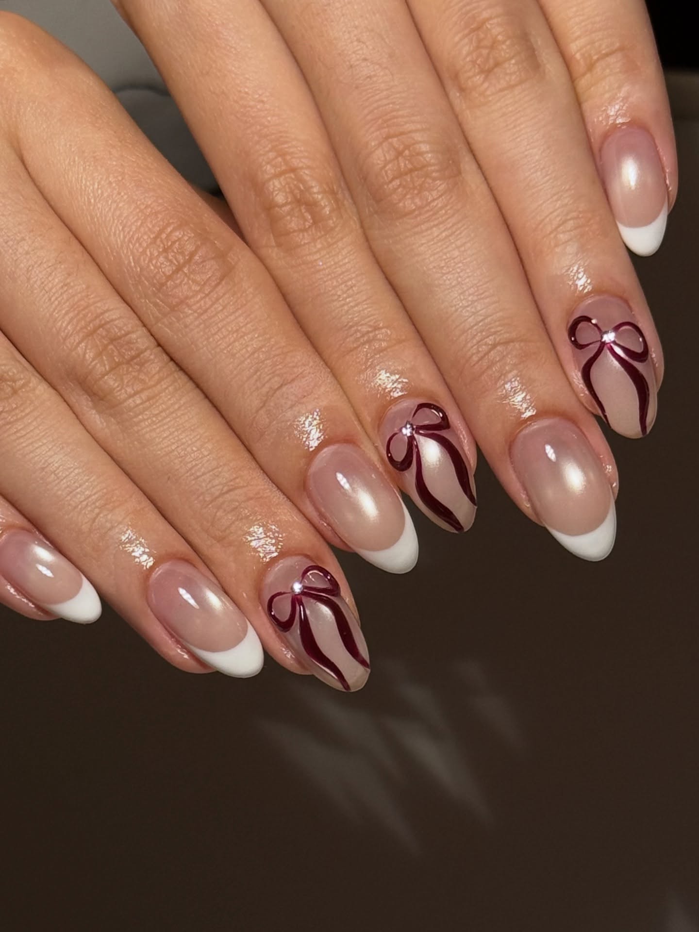 Burgundy Bow Glazed French Tip Press On Nails - Medium Almond