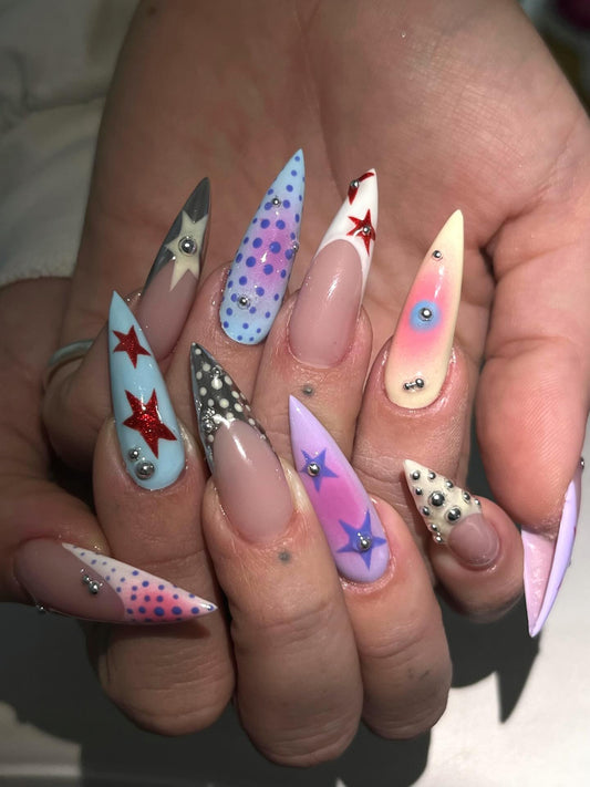 Celestial Blue Velvet & Gold Butterfly Press On Nails - Sun Charm - Long Stiletto