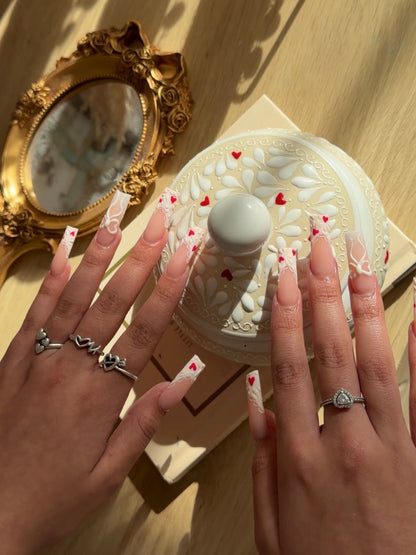 Romantic 3D Lace & Heart French Press On Nails - Long Square
