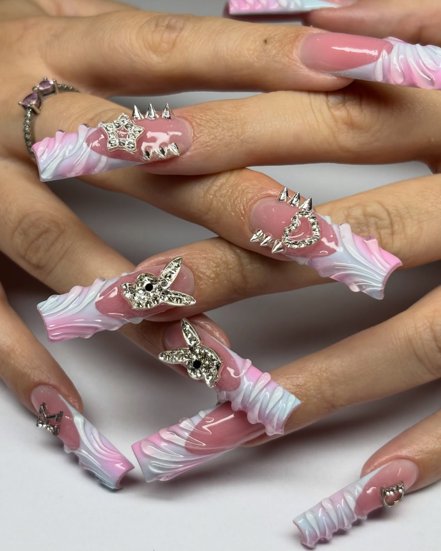 Y2K Aesthetic 3D Bunny & Spike Press On Nails - Long Coffin