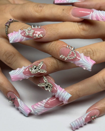 Y2K Aesthetic 3D Bunny & Spike Press On Nails - Long Coffin