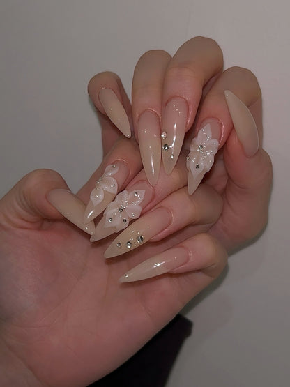 Celestial Nude Blossom 3D Floral Press On Nails - XL Stiletto
