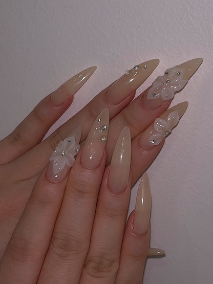 Celestial Nude Blossom 3D Floral Press On Nails - XL Stiletto